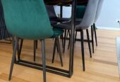 Solid timber dining table with custom made glass and 6 dining chairs