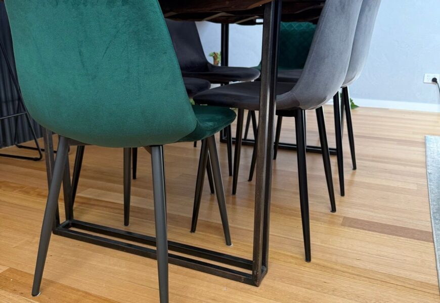 Solid timber dining table with custom made glass and 6 dining chairs