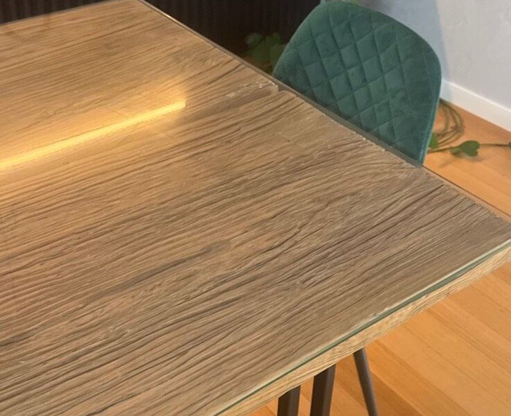 Solid timber dining table with custom made glass and 6 dining chairs
