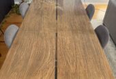 Solid timber dining table with custom made glass and 6 dining chairs